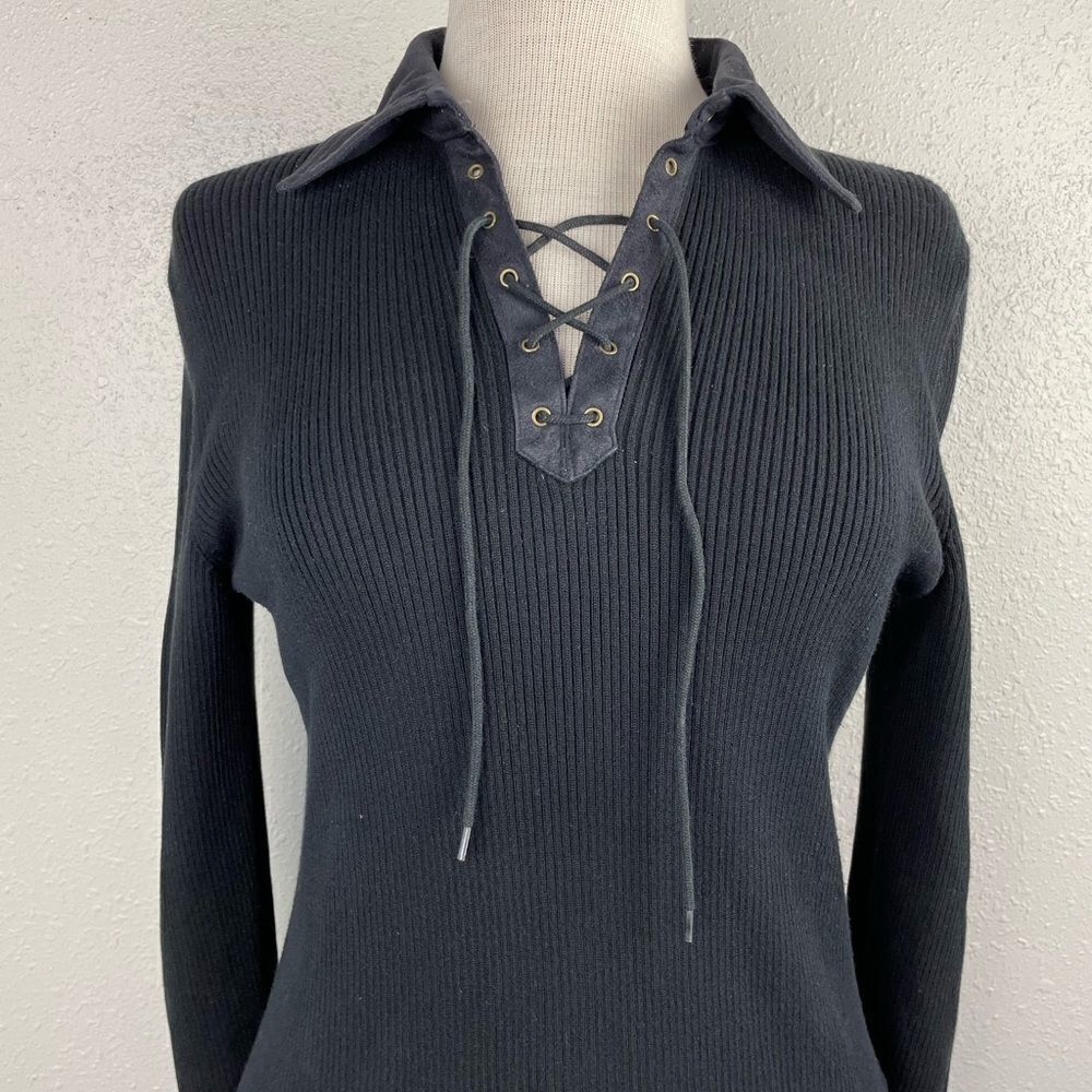 Lauren Ralph Lauren Lace Up V-Neck Collared Sweater Top Size M EUC - Picture 3 of 7